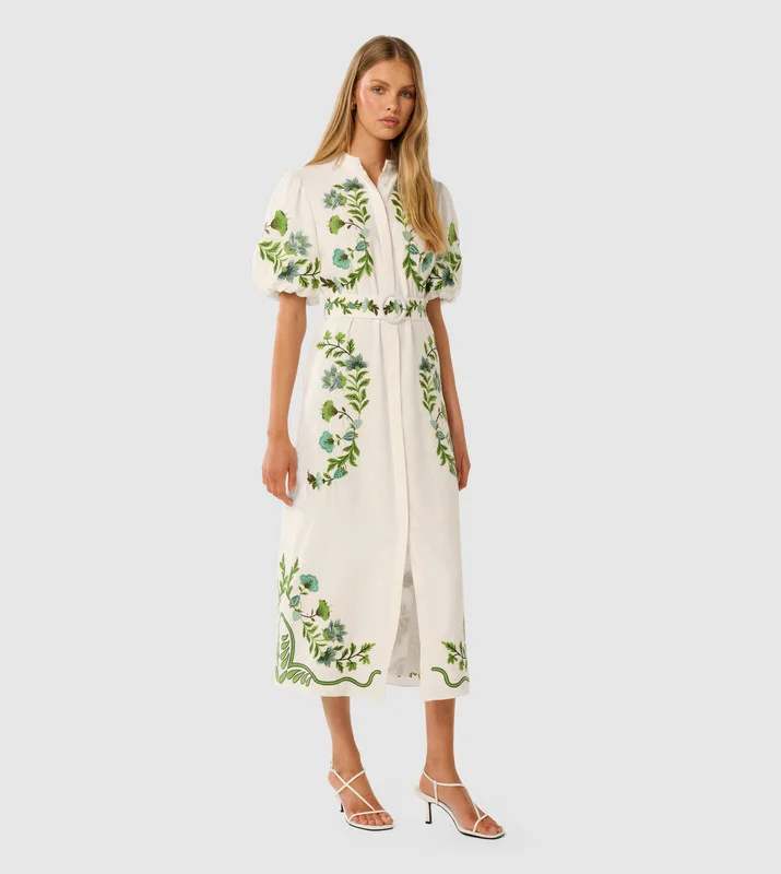 forever new  BETH Embroidered Midi Shirt Dress for Women | Best Price UAE